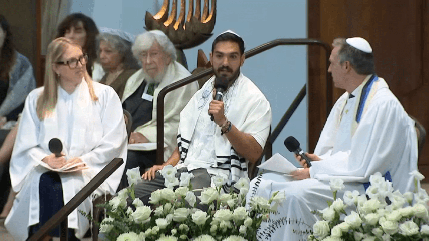 Rom El Hai, a survivor of the Nova Music Festival massacre, spoke at the Sinai Temple in Westwood.