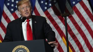 President Donald Trump addresses the National Association of Realtors Legislative Meetings & Trade Expo May 17, 2019 in Washington, DC. President Trump announced that the U.S. will lift its tariffs on steel and aluminum from Canada and Mexico.