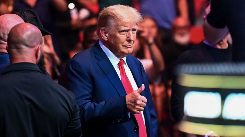 Former President Donald Trump attends the Ultimate Fighting Championship (UFC) 287 mixed martial arts event at the Kaseya Center in Miami, Florida, on April 8, 2023.