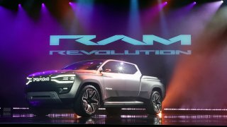 Stellantis’ Ram 1500 Revolution battery-electric concept pickup truck is introduced during a keynote address by Stellantis CEO Carlos Tavaras during CES 2023 at The Venetian Resort Las Vegas on January 05, 2023 in Las Vegas, Nevada. 