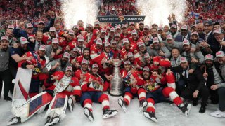 The Florida Panthers pose for a team photo following game seven of the Stanley Cup Finals between the Edmonton Oilers and the Florida Panthers at Amerant Bank Arena in Sunrise, Florida, on June 24, 2024.