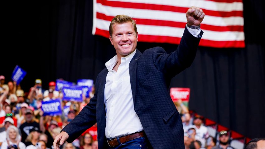 Montana Republican U.S. Senate candidate Tim Sheehy walks up to the stage during a rally for Republican presidential nominee, former U.S. President Donald Trump at the Brick Breeden Fieldhouse at Montana State University on August 9, 2024 in Bozeman, Montana.