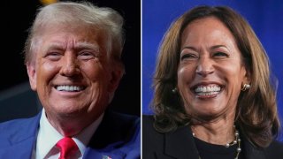 Combination with Former President and Republican Presidential Candidate Donald Trump (L), and Vice President and Democratic Presidential Candidate Kamala Harris. 