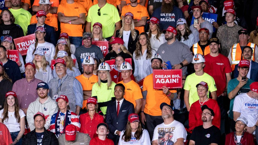 Attendees wear “No Tax On OT” hardhats during the closing campaign event with former US President Donald Trump, not pictured, at Van Andel Arena in Grand Rapids, Michigan, US, on Tuesday, Nov. 5, 2024. 