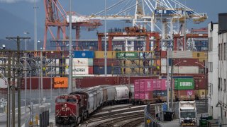 A Canadian Pacific Railway Co. locomotive pulls a train at the Port of Vancouver in Vancouver, British Columbia, Canada, on Thursday, Aug. 22, 2024. 