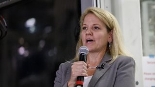 SpaceX President and Chief Operation Officer Gwynne Shotwell speaks during the NASA Commercial Crew Program (CCP) astronaut visit at the SpaceX headquarters in Hawthorne, California, U.S., on Monday, Aug. 13, 2018.