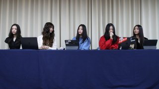 SEOUL, SOUTH KOREA – NOVEMBER 28: Haerin, Danielle, Hanni, Minji and Hyein of girl group NewJeans attend the press conference on November 28, 2024 in Seoul, South Korea. K-pop girl group NewJeans hold a press conference an announcement on the termination of their contract with their agency Ador. 