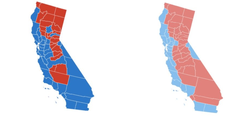 Maps show how California counties voted in the 2020 and 2024 elections.