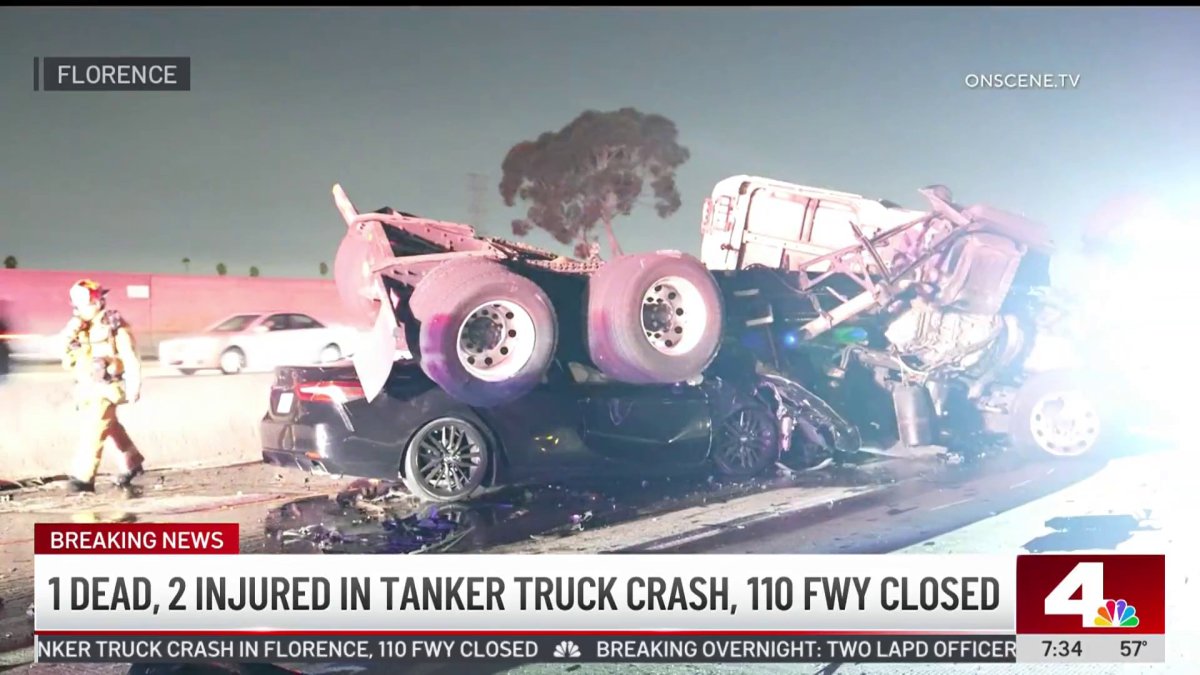 Overturned tanker truck shuts down 110 Freeway in South LA – NBC Los ...