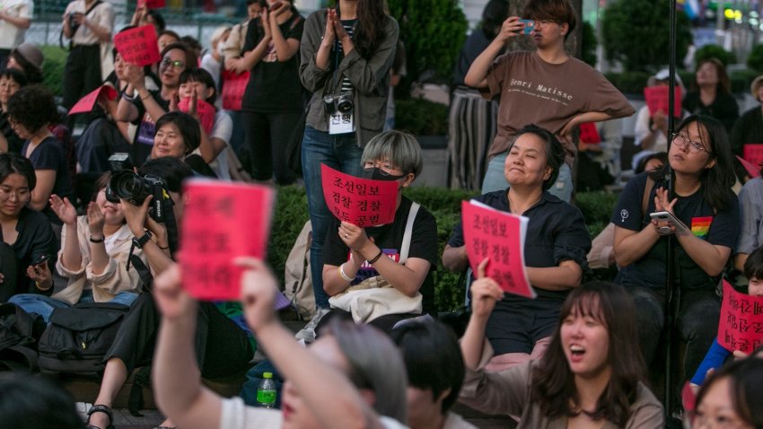 South Korean women protest at a #MeToo rally.