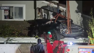 Car flies off road, lands on second floor of house in Chino