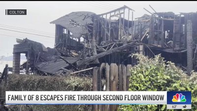 Family of 8 escapes house fire through second floor window in Colton