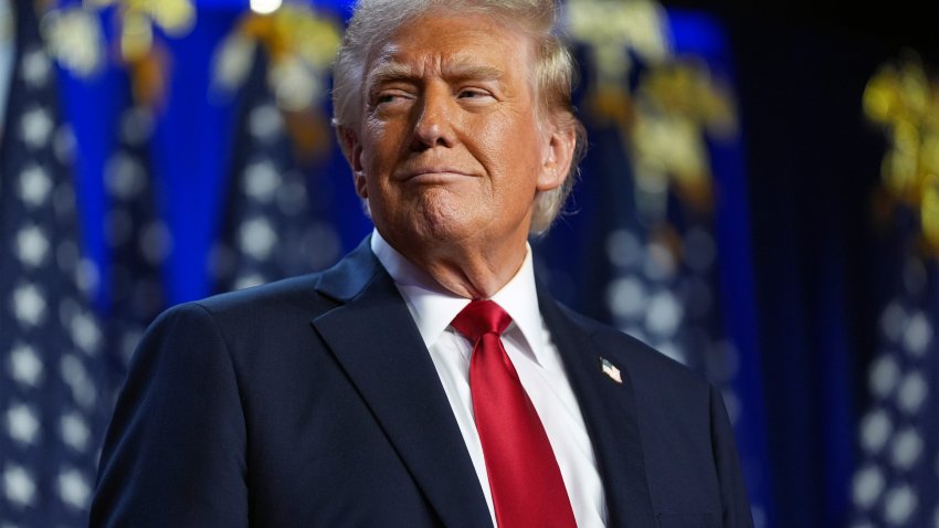 Republican presidential nominee former President Donald Trump arrives at an election night watch party at the Palm Beach Convention Center, Wednesday, Nov. 6, 2024, in West Palm Beach, Fla.