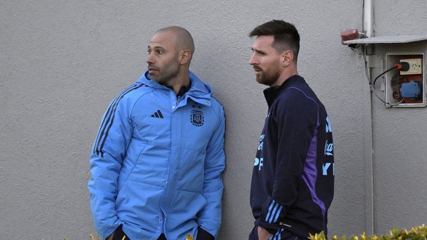 Argentina’s forward Lionel Messi (R) and U23 coach Javier Mascherano chat during a training session in Ezeiza, Buenos Aires, on September 5, 2023, ahead of FIFA World Cup 2026 qualifier football matches against Ecuador on September 7 in Buenos Aires and with Bolivia on September 12 in La Paz. (Photo by JUAN MABROMATA / AFP) (Photo by JUAN MABROMATA/AFP via Getty Images)