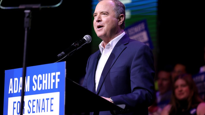 Los Angeles, California March 6, 2024-Adam Schiff speaks to supporters during an election party at the Avalon in Los Angeles Tuesday night as he seeks to replace Sen. Diane Feinstein in the Senate. (Wally Skalij/Los Angeles Times via Getty Images)