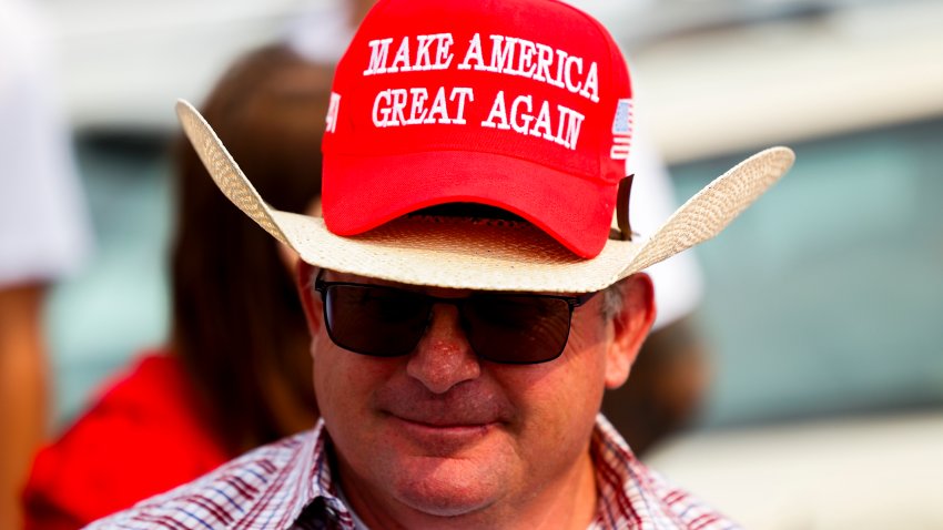 BOZEMAN, MONTANA – AUGUST 09: Mike Williams wears a “Make America Great Again” hat over his cowboy hat outside of a rally for U.S. Republican Presidential nominee former President Donald Trump at the Brick Breeden Fieldhouse at Montana State University on August 9, 2024 in Bozeman, Montana. (Photo by Michael Ciaglo/Getty Images)