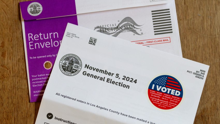 A vote by mail ballot for the 2024 general election, sent to all registered voters in Los Angeles County, that must be returned or postmarked by Election Day (Nov.5) and received no later than seven days after Election Day, where no postage is required, photographed October 28, 2024 in Los Angeles, California.