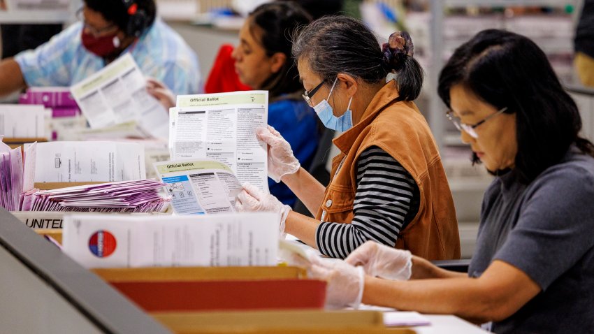 CITY OF INDUSTRY, CA – NOVEMBER 5, 2024: Election workers inspect  ballots after extracting them from envelopes on election night at the Los Angeles County Ballot Processing Center on November 5, 2024 in the City of Industry, California.