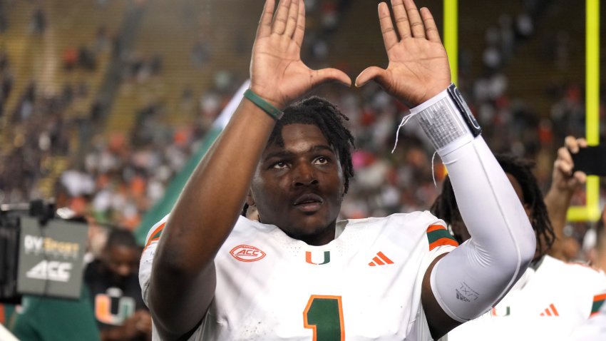 Oct 5, 2024; Berkeley, California, USA; Miami Hurricanes quarterback Cam Ward (1) gestures after defeating the California Golden Bears at California Memorial Stadium. Mandatory Credit: Darren Yamashita-Imagn Images