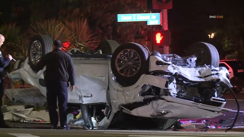 First responders at the scene of a rollover crash in downtown Los Angeles on Saturday, Nov. 30, 2024.