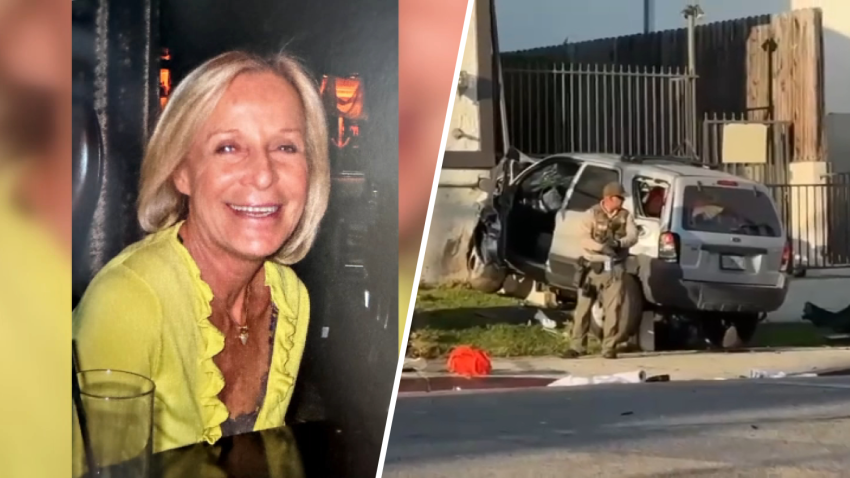 Left: An undated image of Esther Abouab. Right: An image of the crash that took Abouab's life and seriously injured her husband in West Hollywood on Oct. 10, 2024.