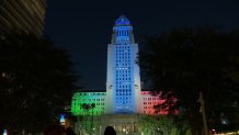 Los Angeles City Hall was illuminated Friday Nov. 1, 2024 in colors honoring a Dodgers legend.