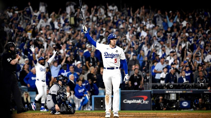 Los Angeles, CA – October 25:  Freddie Freeman (5) of the Los Angeles Dodgers reacts after hitting a walk off grand slam in the tenth inning to defeat the New York Yankees 6-3 and win Game 1 of a World Series baseball game at Dodger Stadium in Los Angeles on Friday, October 25, 2024.(Photo by Keith Birmingham/MediaNews Group/Pasadena Star-News via Getty Images)