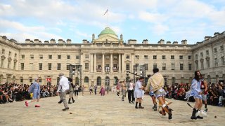 Models at designer Charles Jeffrey’s Loverboy show during London Fashion Week at Somerset House in June 2024. Jeffrey is a resident at Somerset House Studios.