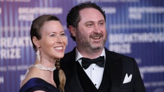 Entrepreneur Brian Singerman (R) and Noelle Moseley arrive at the Tenth Breakthrough Prize Ceremony at the Academy Museum of Motion Pictures in Los Angeles, California, on April 13, 2024. 