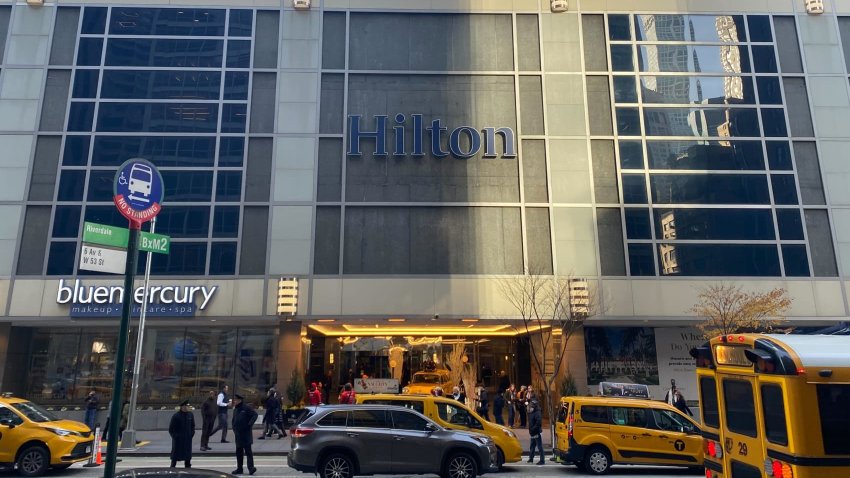 The scene outside the Hilton Hotel in New York City after a shooting took place killing UnitedHealthcare CEO, Brian Thompson on Dec. 4th, 2024.