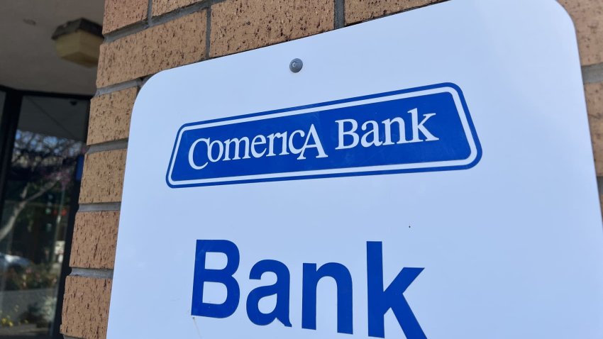 A Comerica Bank sign on a building in Walnut Creek, California, March 30, 2023.