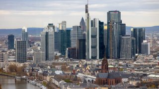 Skyscrapers on the skyline from the offices of the European Central Bank in Frankfurt, Germany, on Monday, Nov. 25, 2024. 