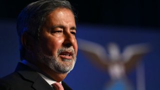 Micron CEO Sanjay Mehrotra speaks before President Joe Biden delivers remarks on the CHIPS and Science Act and his Investing in America agenda, at the Milton J. Rubenstein Museum in Syracuse, New York, April 25, 2024.