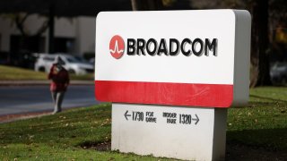 A sign is posted in front of a Broadcom office in San Jose, California, on Dec. 12, 2024.