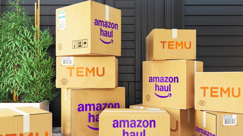 Photo illustration of Temu and Amazon Haul boxes