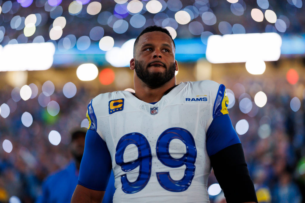 No. 13: Aaron Donald retires from the NFL at the age of 32.<br><br>Three-time NFL Defensive Player of the Year winner and Super Bowl champion, Aaron Donald, stunned the football world when he announced his retirement via social media on March 15, 2024. Donald is considered to be one of the greatest defensive tackles in NFL history. This picture was taken from the sideline before the last game of his career on January 14th, 2024 during the NFC Wild Card Playoff game between the Los Angeles Rams and Detroit Lions.(Photo by Ryan Kang/Getty Images)