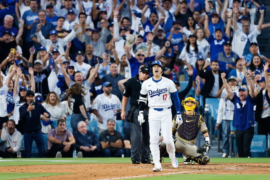 No. 5: Shohei Ohtani arrives on the postseason stage with home run<br><br>Shohei Ohtani had never played in the postseason during his six-year career, and after signing with the Dodgers as a free agent in 2024, he announced himself on the game's greatest stage when he hit a game-tying three-run home run in the second inning of the National League Division Series against the San Diego Padres. Ohtani's blast electrified the crowd, and the team, as they rallied to beat the Padres 7-5 on October 5, 2024 at Dodger Stadium in Los Angeles.(Gina Ferazzi / Los Angeles Times via Getty Images)