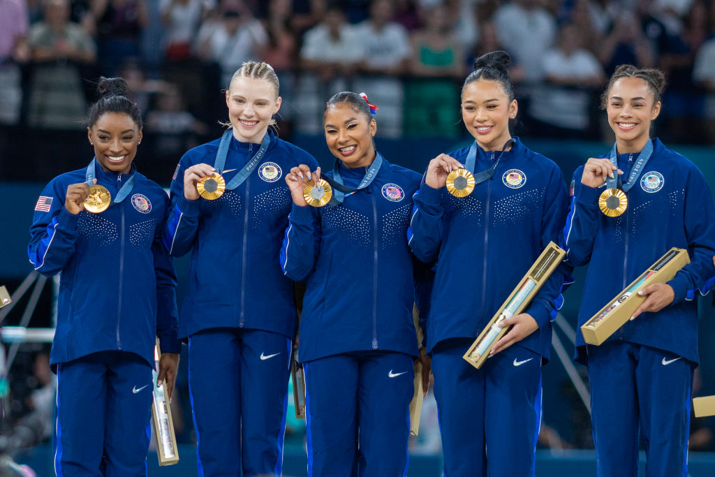 No. 9: The United Steams Women's Gymnastics Team wins Gold<br><br>The United States team of Simone Biles, Jade Carey,  Jordan Chiles, Sunisa Lee, and Hezly Rivera won the women's artistic team all-around gold medal at the 2024 Summer Olympics in Paris, France. Led, in part, by LA's own Jordan Chiles, the women took home the gold on July 30, 2024. (Photo by Tim Clayton/Corbis via Getty Images)