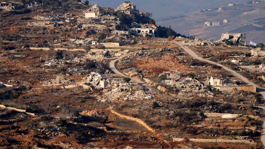 File. Destroyed buildings in the village of Kfar Kila, southern Lebanon, are seen from northern Israel, Tuesday, Dec. 3, 2024.