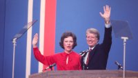 Jimmy Carter and his wife Rosalynn wave to the crowd at the 1972 Convention, having been nominated at the Presidential candidate on July 15, 1976 in New York.