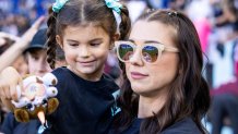 HARRISON, NEW JERSEY - OCTOBER 20: Alex Morgan former Orlando Pride player and her daughter Charlie attend the retirement celebration for Kelley O'Hara #5 of NJ/NY Gotham FC before the start of the National Women's Soccer League match between the Orlando Pride and NJ/NY Gotham FC at Red Bull Arena on October 20, 2024 in Harrison, New Jersey. (Photo by Ira L. Black - Corbis/Getty Images)