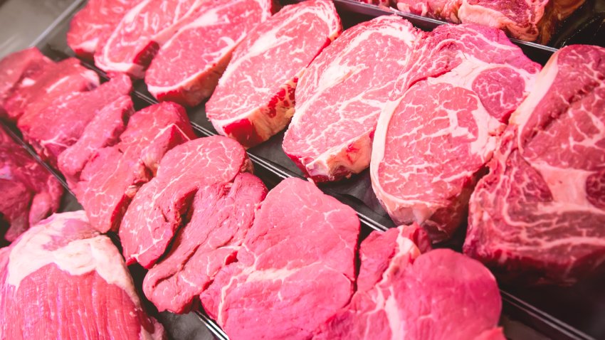 A close-up view of various fresh beef cuts