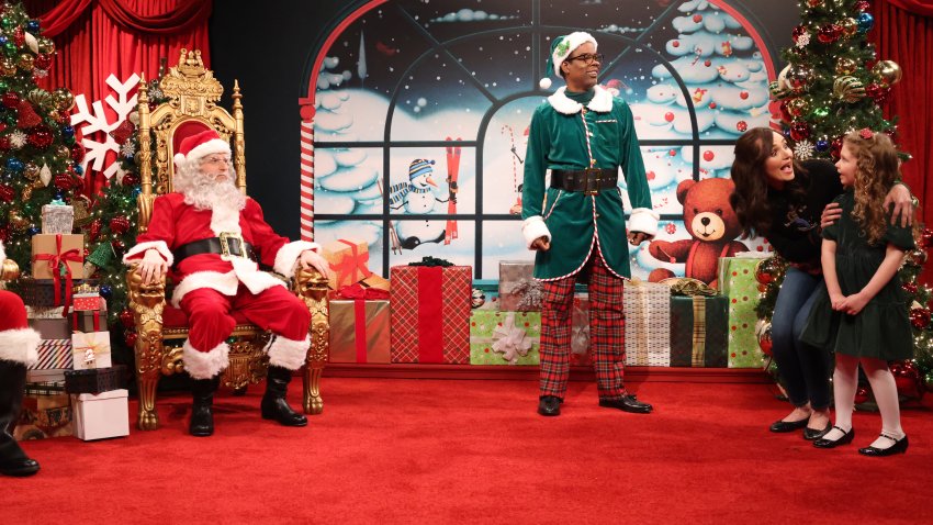 James Austin Johnson as White Santa, host Chris Rock, and Chloe Fineman during the “Mall Santas” sketch on Saturday, December 14, 2024