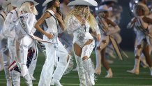 HOUSTON, TEXAS - DECEMBER 25: Beyoncé performs with daughter, Blue Ivy, during the halftime show for the game between the Baltimore Ravens and the Houston Texans at NRG Stadium on December 25, 2024 in Houston, Texas. (Photo by Alex Slitz/Getty Images)