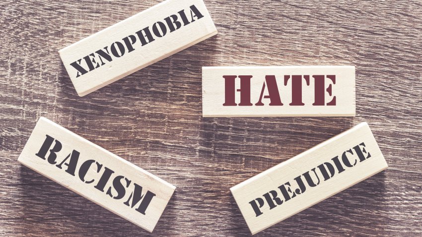 Hate, xenophobia, racism and prejudice words written with tiles on a wooden table