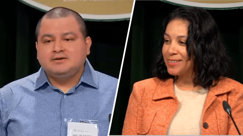 Left: Lombardo Palacios. Right: Charlotte Pleytez. Both speak at a press conference on Monday, Dec. 23, 2024 upon their release after being wrongfully convicted of a 2007 murder.