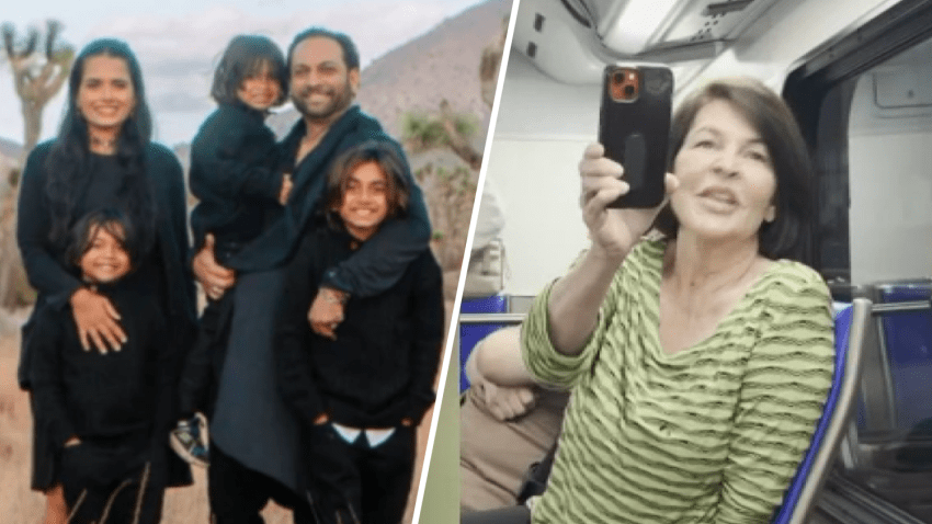 Left: An undated image of the Taufiq family. Right: A still from the video showing a woman hurling racial insults at a family while at LAX on Nov. 23, 2024.