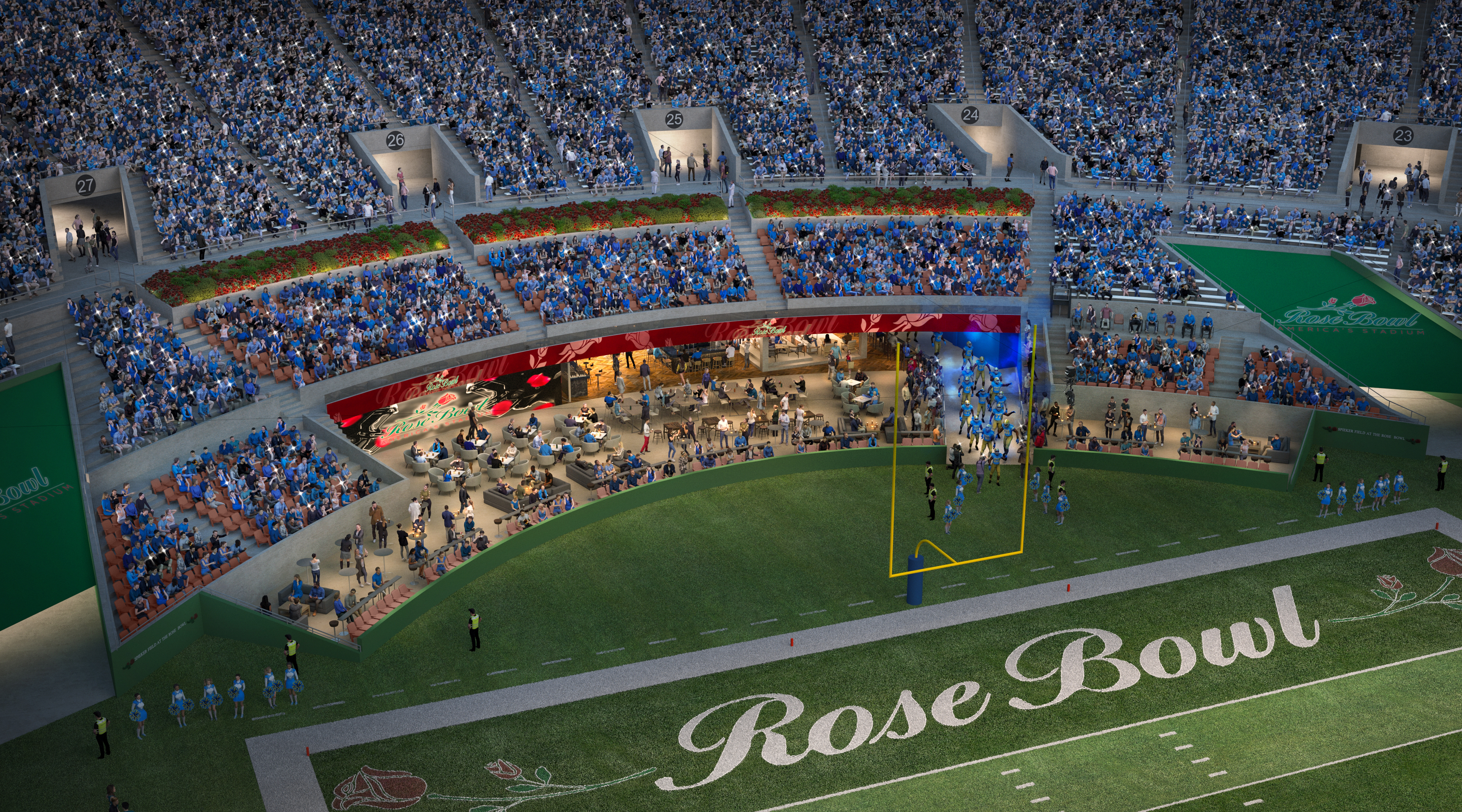 A rendering shows the planned South End Zone Field Club at the Rose Bowl.