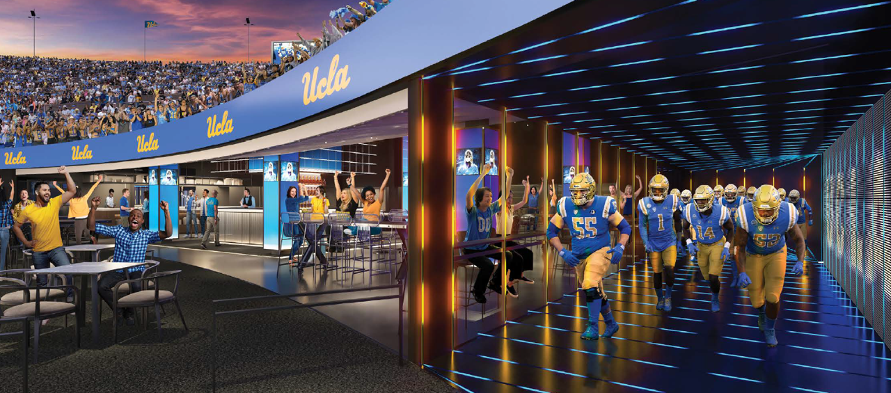 A rendering depicts the South End Zone Field Club planned for the Rose Bowl.