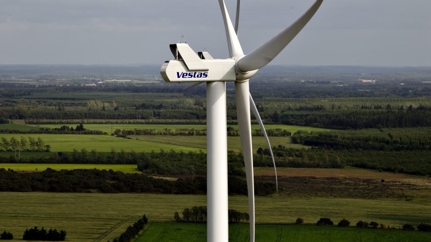 A Vestas wind turbine near Baekmarksbro in Jutland. 